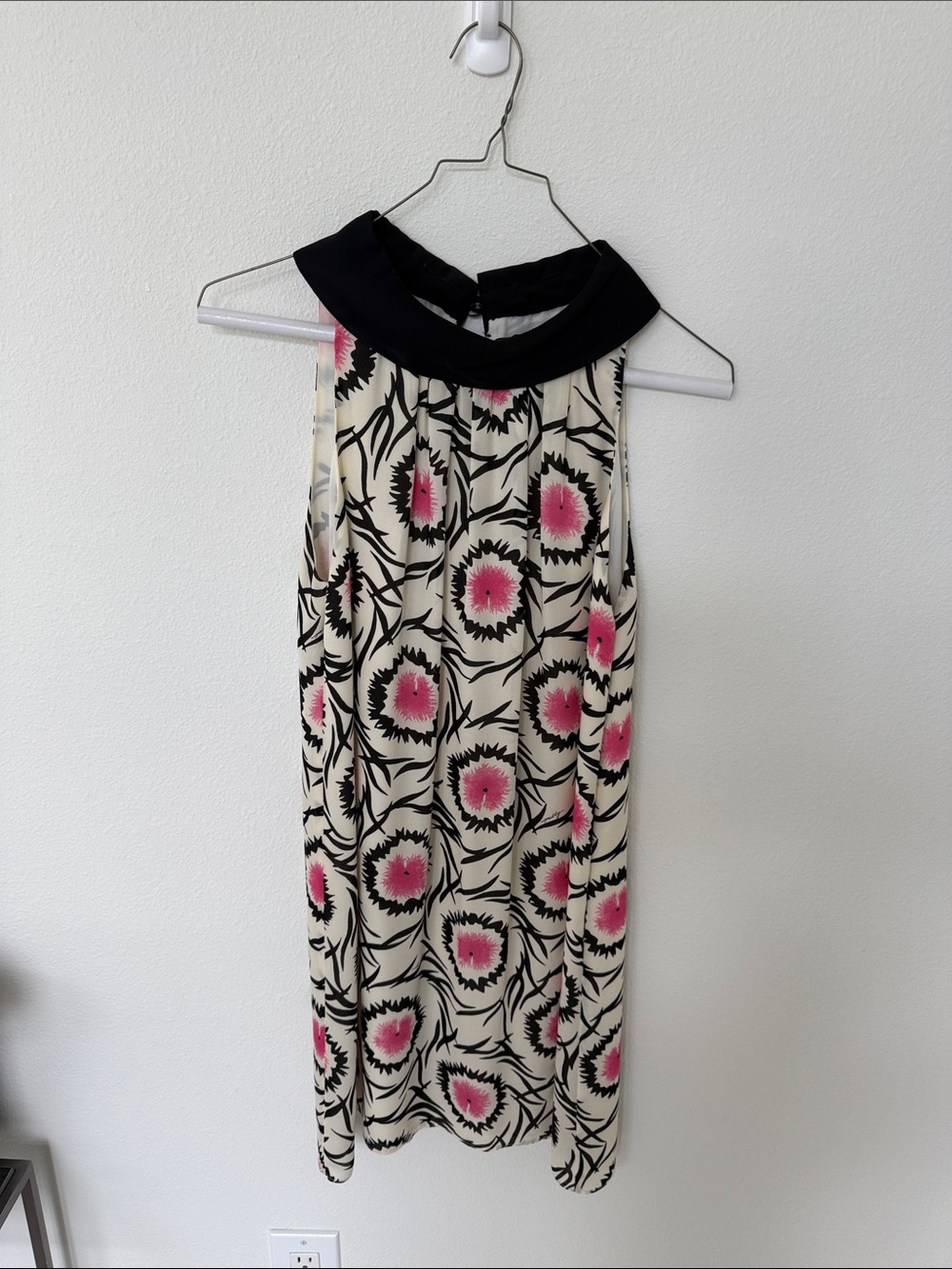 Milly Cream Dress with Pink Floral and Black Collar